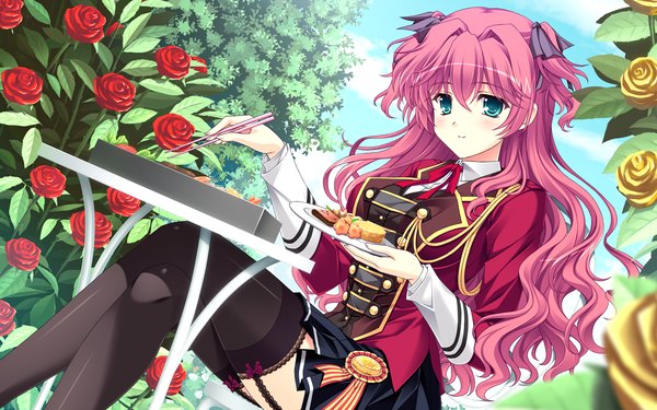 Anime picture 1280x800 with shitsuji ga aruji wo erabu toki ichijouji yura ankoromochi long hair blue eyes wide image pink hair game cg crossed legs girl thighhighs skirt flower (flowers) black thighhighs miniskirt food rose (roses)