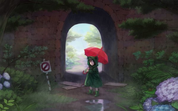 Anime picture 1280x800 with original esukee wide image rain flower (flowers) plant (plants) tree (trees) hood umbrella child (children) hydrangea traffic sign frog snail tunnel
