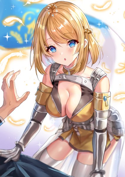 Anime picture 2480x3508 with #compass shanguier tall image blush fringe highres short hair breasts open mouth blue eyes light erotic simple background blonde hair hair between eyes large breasts standing payot cleavage braid (braids) :o