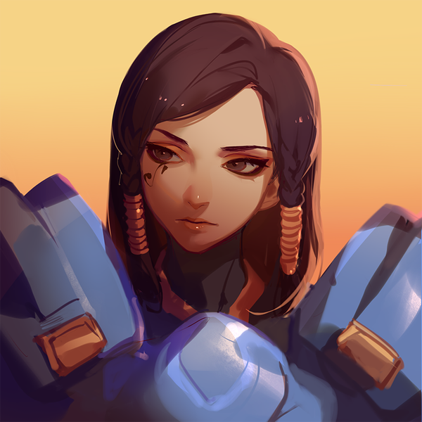 イラスト 800x800 と オーバーウォッチ blizzard entertainment pharah (overwatch) ask (askzy) ソロ 長髪 simple background 茶色の髪 茶目 looking away upper body 三つ編み parted lips lips realistic 刺青 lipstick twin braids portrait makeup