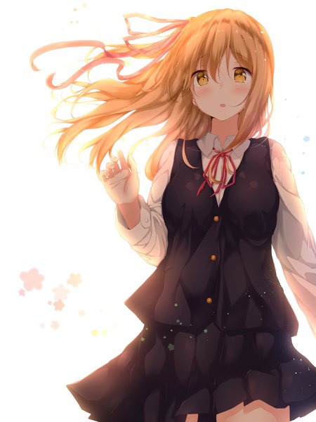 Anime picture 1800x2400 with original numpopo single long hair tall image looking at viewer blush fringe highres open mouth simple background hair between eyes brown hair standing white background brown eyes pleated skirt tears floating hair girl