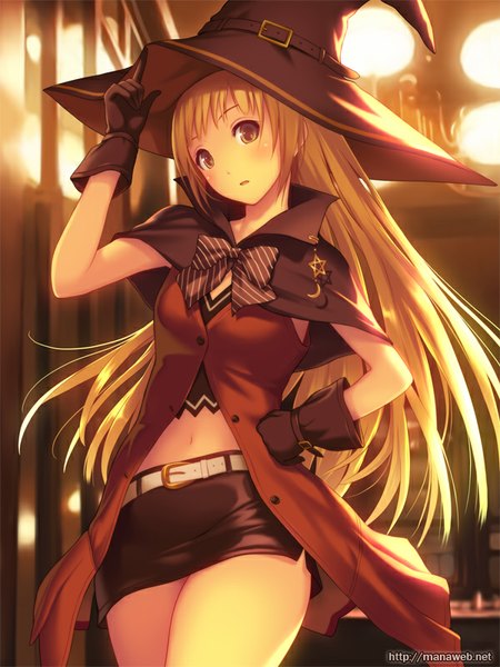 Anime picture 600x800 with ilog himehara tsubasa mana kakkowarai single long hair tall image looking at viewer blush blonde hair standing brown eyes head tilt witch girl skirt gloves navel hat miniskirt bowtie