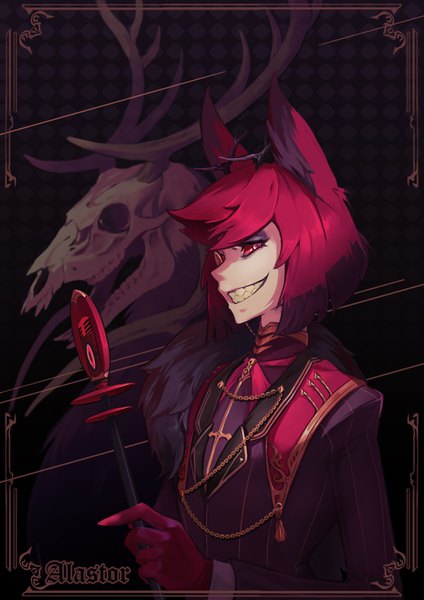 Anime picture 2480x3508 with hazbin hotel alastor (hazbin hotel) night-old single tall image looking at viewer fringe highres short hair smile red eyes holding animal ears upper body red hair profile horn (horns) teeth fur trim character names