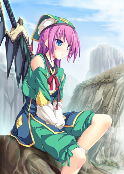 Anime picture 750x1050 with monster hunter tenmaso single long hair tall image blush blue eyes sitting looking away pink hair girl dress weapon detached sleeves sword