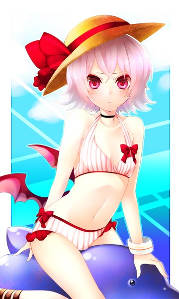 Anime picture 1200x1999 with touhou remilia scarlet yutazou single tall image looking at viewer short hair red eyes white hair girl navel bow swimsuit hat wings bracelet