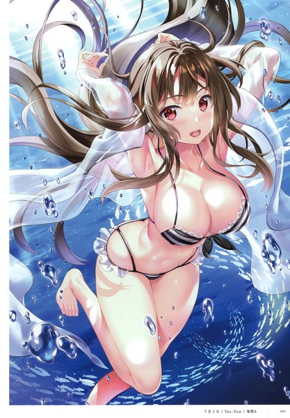 Anime picture 2406x3464 with original yan-yam single long hair tall image looking at viewer blush fringe highres breasts open mouth light erotic red eyes brown hair large breasts signed bent knee (knees) blunt bangs :d barefoot