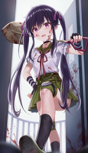 Anime picture 2216x3836 with gakkou gurashi! ebisuzawa kurumi tokkyu single long hair tall image looking at viewer fringe highres open mouth hair between eyes standing purple eyes twintails holding payot purple hair bent knee (knees) pleated skirt arm up