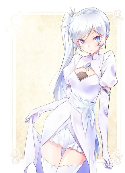 Anime picture 1280x1760 with rwby rooster teeth weiss schnee iesupa single long hair tall image looking at viewer fringe breasts blue eyes silver hair parted lips zettai ryouiki side ponytail border scar adapted costume girl thighhighs
