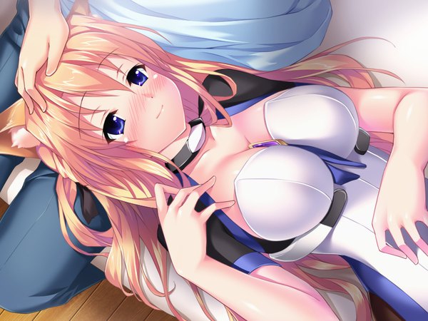 Anime picture 800x600 with sakura iro quartet ui (sakura no iro quartet) piromizu long hair blush breasts light erotic blonde hair smile large breasts purple eyes animal ears game cg cleavage lying from above fox ears shiny skin fox girl solo focus