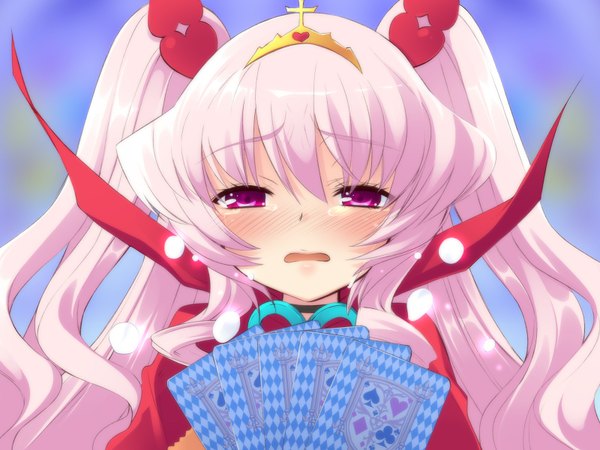 Anime picture 1600x1200 with alice parade lavinia (alice parade) itou noiji long hair blush open mouth twintails pink hair pink eyes tears face girl tiara card (cards)