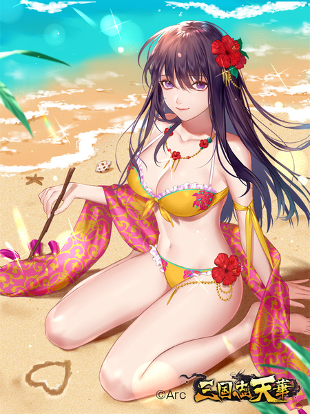 Anime picture 600x800 with sangokushi tenka inanome me single long hair tall image looking at viewer fringe breasts light erotic black hair hair between eyes large breasts sitting purple eyes hair flower light smile arm support official art sparkle copyright name