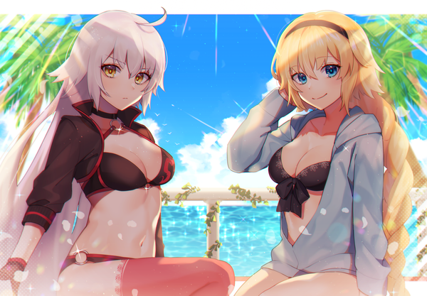 Anime picture 2158x1500 with fate (series) fate/grand order jeanne d'arc (fate) (all) jeanne d'arc alter (fate) jeanne d'arc alter (swimsuit berserker) (fate) jeanne d'arc (swimsuit archer) peta (snc7) long hair looking at viewer fringe highres breasts blue eyes light erotic blonde hair smile hair between eyes large breasts sitting multiple girls