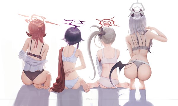 Anime picture 2153x1280 with blue archive aru (blue archive) kayoko (blue archive) mutsuki (blue archive) haruka (blue archive) rryiup long hair highres short hair light erotic simple background wide image white background sitting multiple girls pink hair silver hair purple hair full body ass