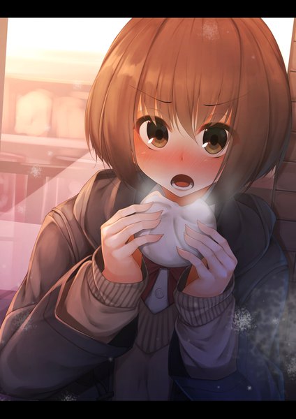 Anime picture 1157x1637 with original waterdog single tall image looking at viewer blush fringe short hair open mouth hair between eyes brown hair holding brown eyes upper body sunlight open jacket teeth letterboxed eating steam