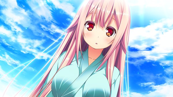 Anime picture 1280x720 with harvest overray giga tamaki yuuka single long hair looking at viewer blush open mouth red eyes wide image pink hair game cg sky cloud (clouds) girl