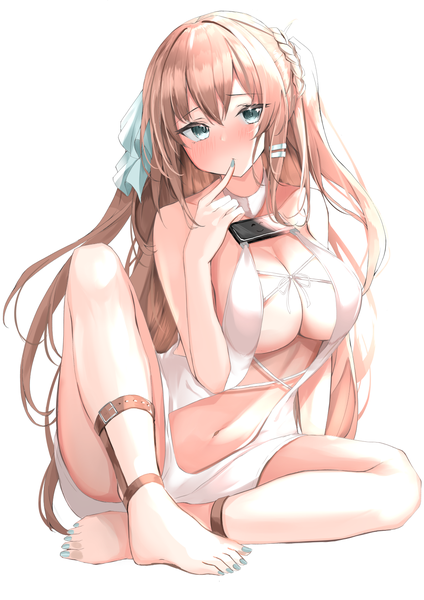 Anime picture 1190x1684 with original nephthys2356 single long hair tall image looking at viewer blush fringe breasts light erotic hair between eyes brown hair large breasts sitting bare shoulders payot cleavage full body bent knee (knees) braid (braids)