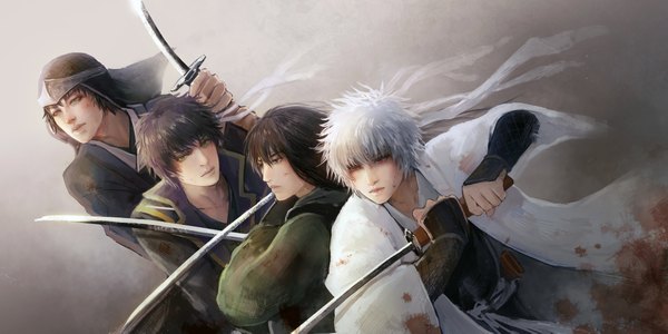 Anime picture 2362x1181 with gintama sunrise (studio) sakata gintoki takasugi shinsuke katsura kotarou shiroyasha sakamoto tatsuma kakuso (artist) long hair highres short hair black hair simple background red eyes wide image brown eyes green eyes white hair traditional clothes multiple boys