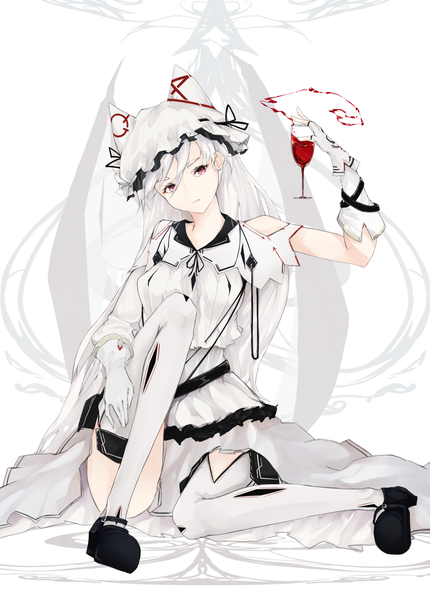 Anime picture 1392x1942 with original marumoru single long hair tall image fringe simple background white background sitting bare shoulders holding animal ears looking away full body bent knee (knees) white hair head tilt pink eyes cat ears short sleeves