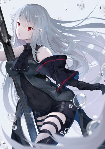 Anime picture 1240x1753 with arknights skadi (arknights) tamakinoki single long hair tall image looking at viewer fringe breasts open mouth simple background hair between eyes red eyes bare shoulders silver hair gradient background floating hair arched back girl gloves