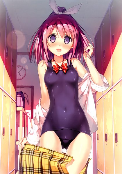 Anime picture 2116x3022 with kantoku single long hair tall image looking at viewer blush highres open mouth light erotic standing purple eyes bare shoulders pink hair ponytail pleated skirt scan off shoulder open clothes open shirt plaid skirt