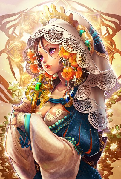 Anime picture 540x800 with sengoku taisen coga single tall image blush fringe short hair breasts brown hair purple eyes parted lips hair flower lips lipstick makeup girl hair ornament flower (flowers) headdress jewelry