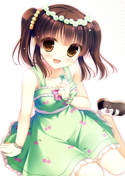 Anime picture 2659x3750 with idolmaster idolmaster cinderella girls ogata chieri yukie (peach candy) single long hair tall image highres open mouth simple background brown hair white background twintails brown eyes loli food print cherry print girl sundress wreath