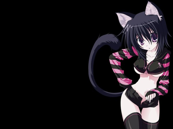 Anime picture 1600x1200 with original nanao naru looking at viewer fringe breasts light erotic simple background purple eyes animal ears blue hair tail animal tail :o shadow midriff cat girl cat tail hand on hip underboob black background