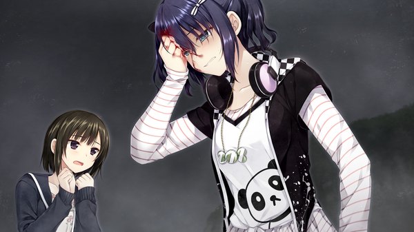 Anime picture 1280x720 with boku no hitori sensou akabei soft2 maewaki shinobu short hair open mouth blue eyes black hair wide image multiple girls game cg black eyes girl 2 girls headphones pendant blood