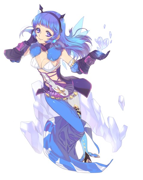 Anime picture 1000x1258 with dragon nest sorceress (dragon nest) enk single long hair tall image fringe light erotic simple background smile white background purple eyes blue hair looking away cleavage from above hand on cheek asymmetrical clothes girl gloves