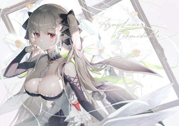 Anime picture 2500x1768 with azur lane formidable (azur lane) soyoong jun single long hair looking at viewer fringe highres breasts light erotic red eyes large breasts twintails payot cleavage grey hair copyright name character names floral background empty picture frame