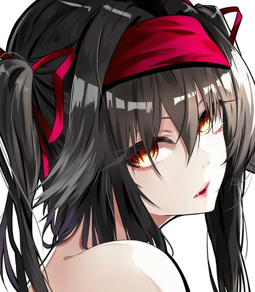 Anime picture 875x1000 with original soya (torga) single long hair tall image looking at viewer fringe black hair simple background hair between eyes white background twintails bare shoulders brown eyes upper body parted lips looking back fang (fangs) lipstick close-up