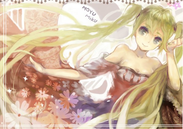 Anime picture 1240x879 with vocaloid hatsune miku moyuvvx (artist) single long hair smile twintails aqua eyes green hair girl dress flower (flowers)