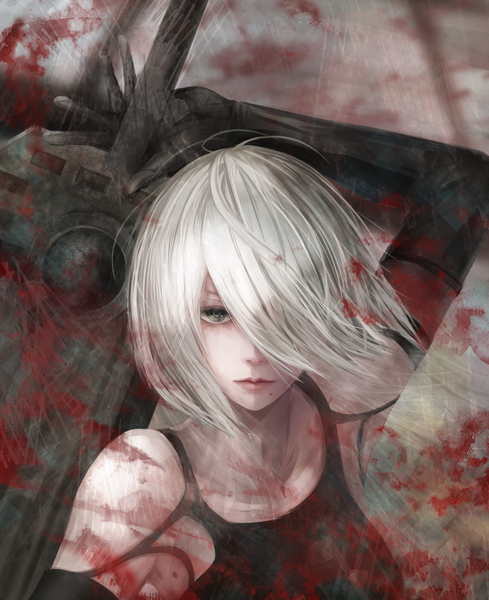 Anime picture 1464x1797 with nier nier:automata yorha type a no. 2 yamamoto no ari single tall image looking at viewer fringe short hair silver hair ahoge upper body from above lips hair over one eye grey background mole armpit (armpits) grey eyes arm behind head