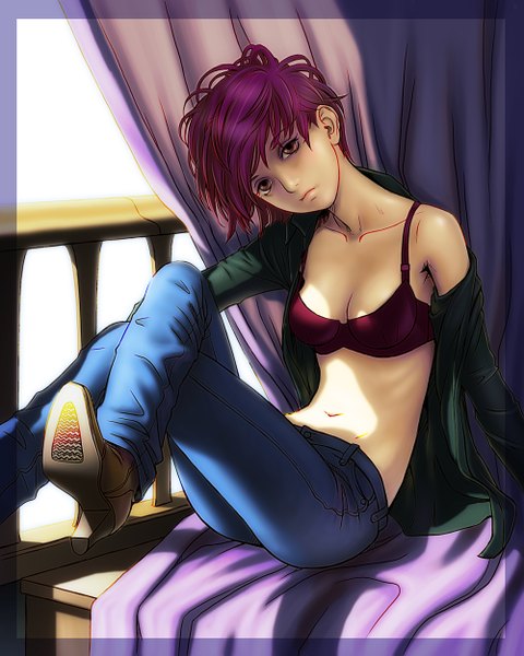 Anime picture 1000x1250 with haji (haj06200) single tall image short hair breasts light erotic sitting purple eyes purple hair lips off shoulder open clothes shadow open shirt crossed legs sad girl navel shirt shoes