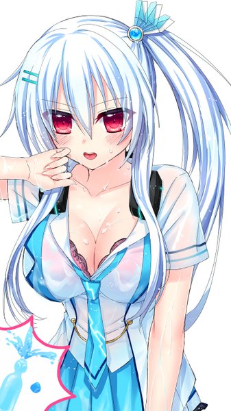 Anime picture 832x1480 with lamunation aoumi lamune mashuu (neko no oyashiro) single long hair tall image fringe breasts open mouth light erotic simple background hair between eyes red eyes large breasts white background payot cleavage silver hair pleated skirt side ponytail