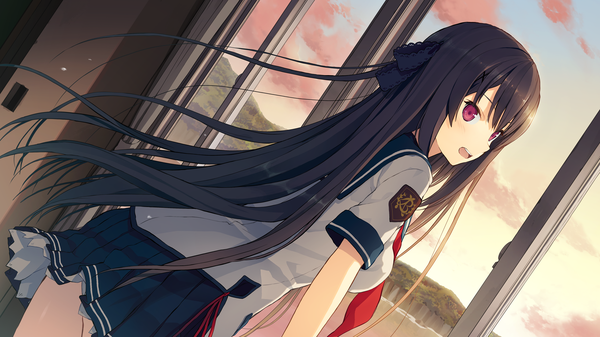 Anime picture 2560x1440 with ao no kanata no four rhythm sprite (company) tobisawa misaki akinashi yuu single long hair looking at viewer blush fringe highres breasts open mouth black hair hair between eyes wide image payot game cg sky cloud (clouds) indoors