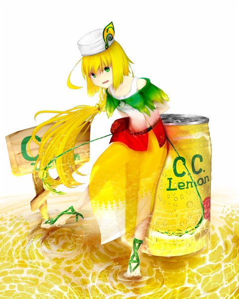 Anime picture 810x1012 with original c.c. lemon c.c. lemon (character) pen (pixiv257621) single long hair tall image looking at viewer open mouth blonde hair white background green eyes girl dress hat water