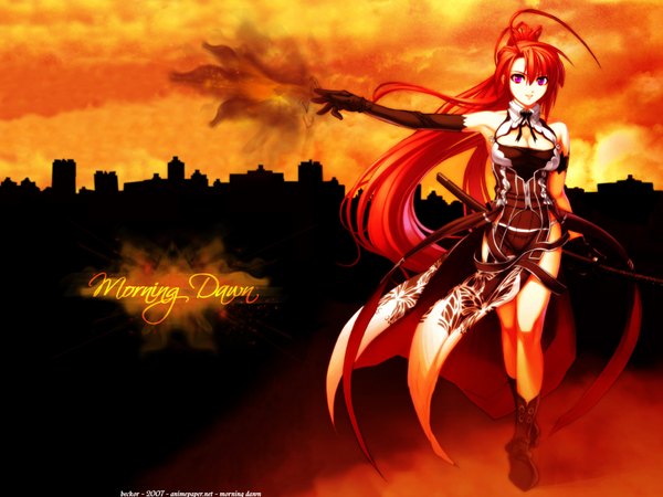 Anime picture 1600x1200 with jingai makyou nitroplus ignis single long hair smile ponytail red hair pink eyes magic girl gloves weapon sword elbow gloves katana