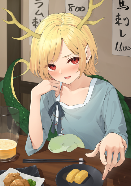 Anime picture 1540x2183 with touhou kicchou yachie otter spirit (touhou) kanpa (campagne 9) single tall image looking at viewer blush short hair blonde hair red eyes sitting indoors tail horn (horns) dragon girl dragon tail pointing at viewer drunk girl