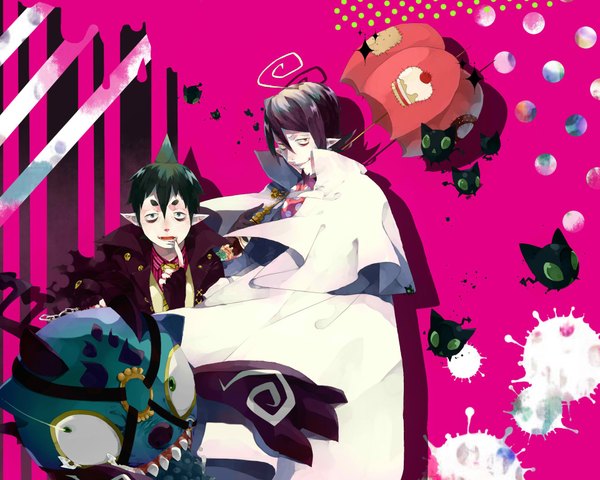 Anime-Bild 1920x1536 mit ao no exorcist a-1 pictures mephisto pheles amaimon highres short hair black hair smile green eyes yellow eyes green hair pointy ears multiple boys teeth finger to mouth sharp teeth demon boy umbrella 2 boys