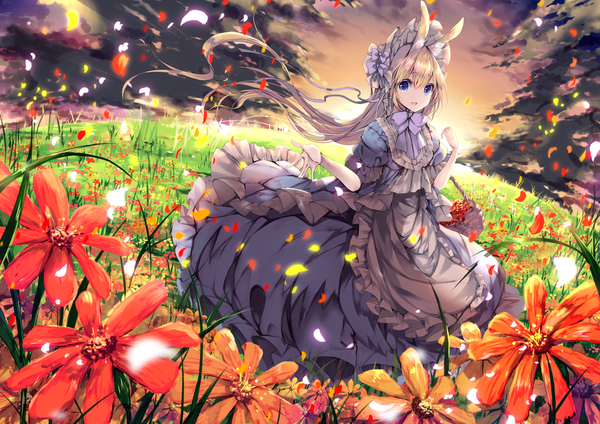 Anime picture 1025x725 with original umino mizu single long hair looking at viewer fringe open mouth blonde hair hair between eyes purple eyes animal ears sky cloud (clouds) full body outdoors wind bunny ears outstretched hand girl dress
