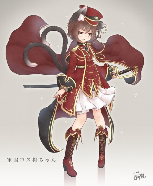 Anime-Bild 2364x2868 mit touhou chen coreytaiyo single tall image looking at viewer highres short hair open mouth simple background brown hair standing brown eyes signed animal ears full body tail long sleeves animal tail cat ears