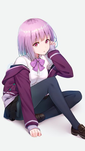 Anime picture 750x1334 with gridman universe ssss.gridman studio trigger shinjou akane hyuuga azuri single tall image looking at viewer fringe short hair open mouth simple background red eyes white background sitting pink hair full body bent knee (knees) pleated skirt off shoulder