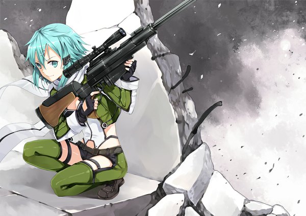 Anime picture 1025x725 with sword art online a-1 pictures asada shino hao (patinnko) single looking at viewer short hair blue eyes blue hair girl gloves hair ornament weapon jacket shorts boots scarf fingerless gloves gun sniper rifle
