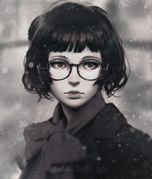 Anime picture 851x1003 with original guweiz single tall image fringe short hair black hair signed looking away upper body blunt bangs lips blurry realistic depth of field watermark monochrome portrait snowing expressionless