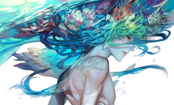 Anime picture 1200x725 with original yilee single long hair simple background wide image white background signed blue hair profile multicolored hair green hair lips aqua hair dated looking down gradient hair topless boy wings