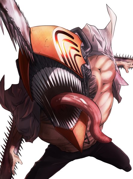 Anime picture 1500x2027 with chainsaw man mappa denji (chainsaw man) matsuba ryou single tall image open mouth simple background white background from above teeth open shirt sharp teeth boy shirt tongue chainsaw