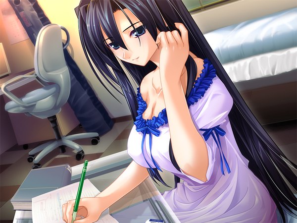 Anime picture 1200x900 with aneimo shirakawa saori single long hair looking at viewer fringe light erotic black hair hair between eyes sitting game cg indoors black eyes playing with hair writing girl book (books) chair table pencil