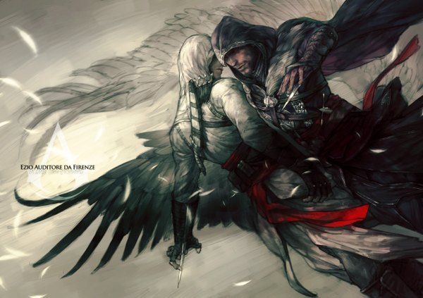 Anime picture 1276x900 with assassin's creed (game) ezio auditore da firenze altair ibn la-ahad offrecord (rae) from behind shounen ai boy weapon wings hood cloak knife beard