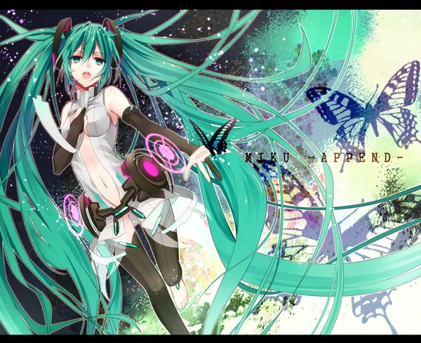 Anime picture 1500x1221 with vocaloid vocaloid append hatsune miku hatsune miku (append) noka (blackheart1118) single long hair open mouth twintails barefoot aqua eyes aqua hair girl thighhighs navel black thighhighs insect butterfly